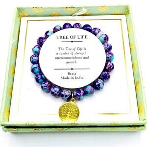 Shivam Tree of Life Purple Beaded Brass Bracelet